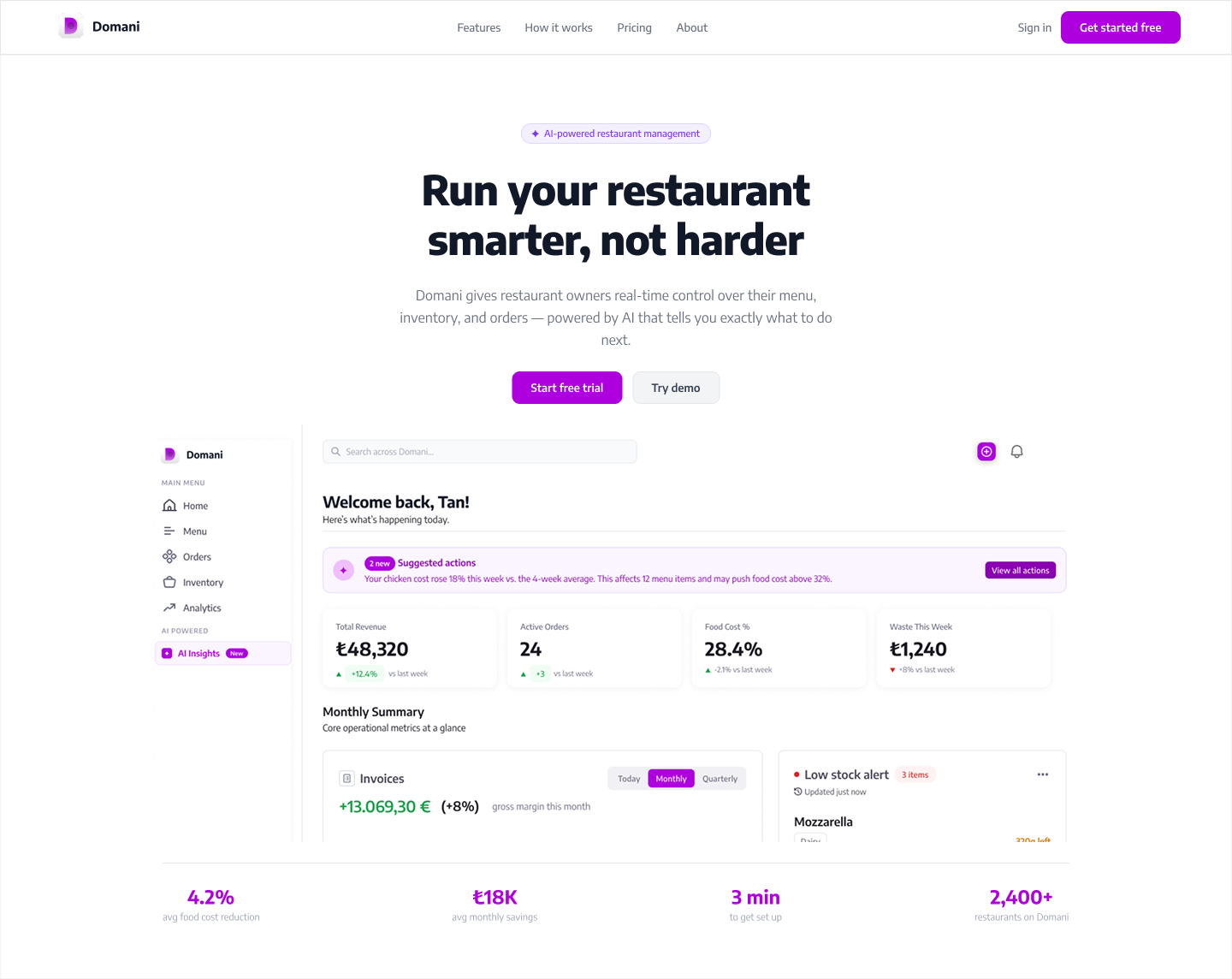 Domani landing page — hero, pain-point sections, and CTA