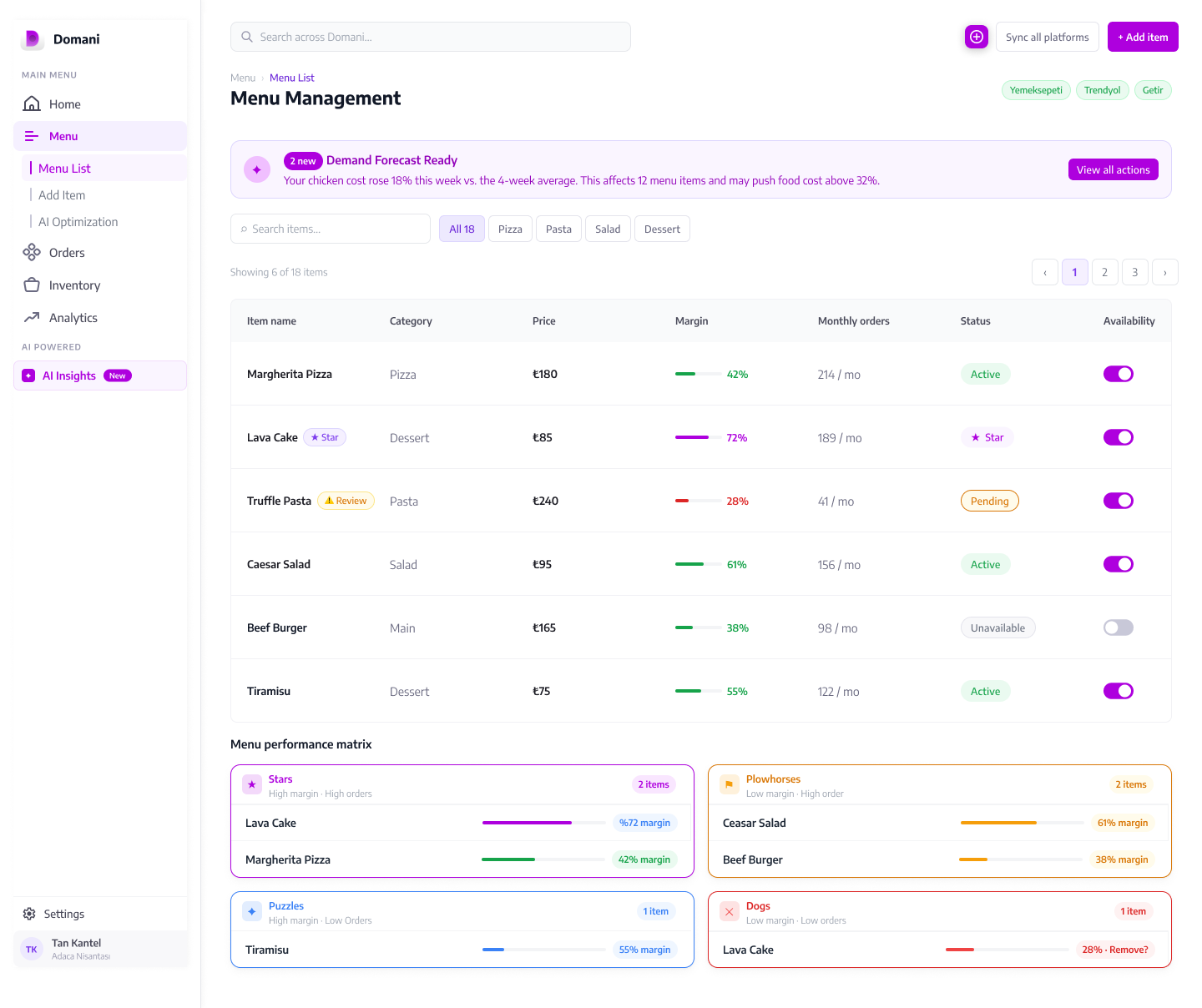 Domani menu management module